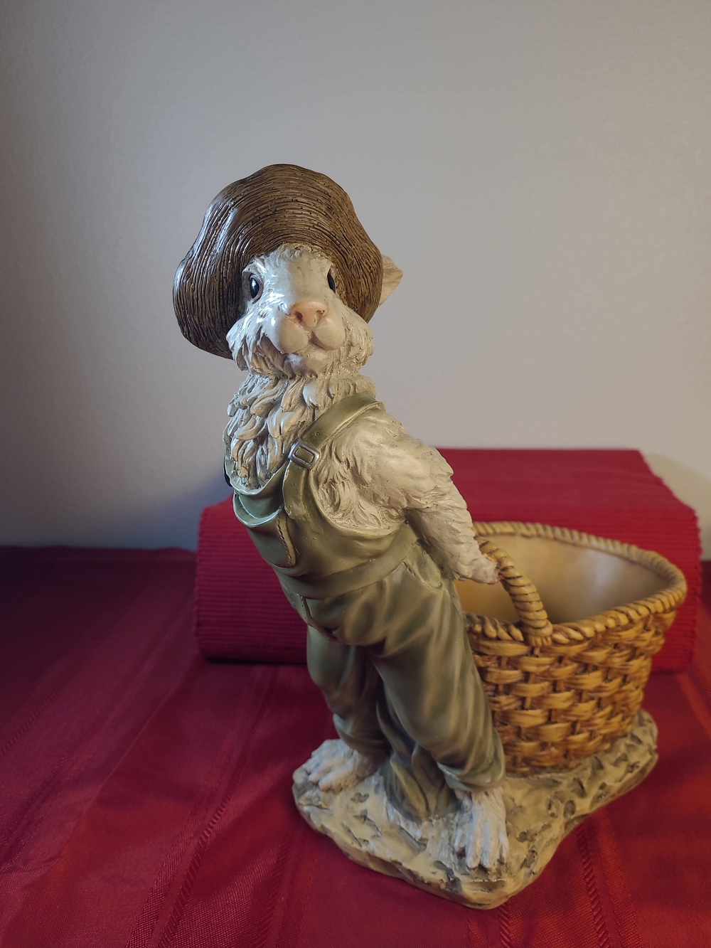 Vintage Chrisdon Farmer Rabbit Figurine Basket Planter 12" Resin Bunny